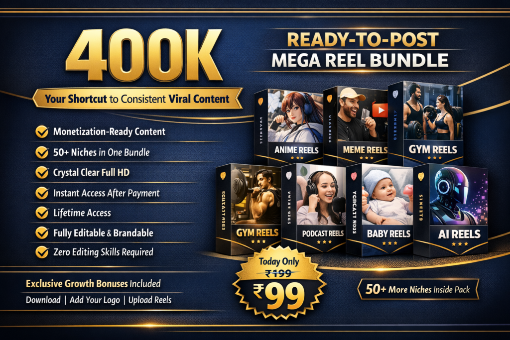 Create a modern digital marketing promotional banner for a "Ready-to-Post Mega Reel Bundle". Design style: dark blue and gold professional marketing banner, clean e-commerce layout, high contrast, premium digital product advertisement. Main headline: "400K" Right side title: "READY-TO-POST MEGA REEL BUNDLE" Left side subtitle badge: "Your Shortcut to Consistent Viral Content" Feature bullet list with gold check icons: • Monetization-Ready Content • 50+ Niches In One Bundle • Crystal Clear Full HD • Instant Access After Payment • Lifetime Access • Fully Editable & Brandable • Zero Editing Skills Required Include multiple 3D digital product bundle boxes on the right side (anime reels, meme reels, gym reels, podcast reels, baby reels, AI reels, etc.) arranged in a grid. Bottom left bonus section: "Exclusive Growth Bonuses Included" "Download | Add Your Logo | Upload Reels" Price badge starburst near bottom center: Old price (small with strikethrough): ₹199 New price (large bold): ₹99 Text above price: "Today Only" Add a label on bottom right: "50+ More Niches Inside Pack" Important requirements: - DO NOT include any logo or brain icon in the top left - Keep the same professional digital bundle ad style - Use gold, navy blue, and white color palette - Clean typography, high resolution marketing design - Make the ₹99 price very prominent